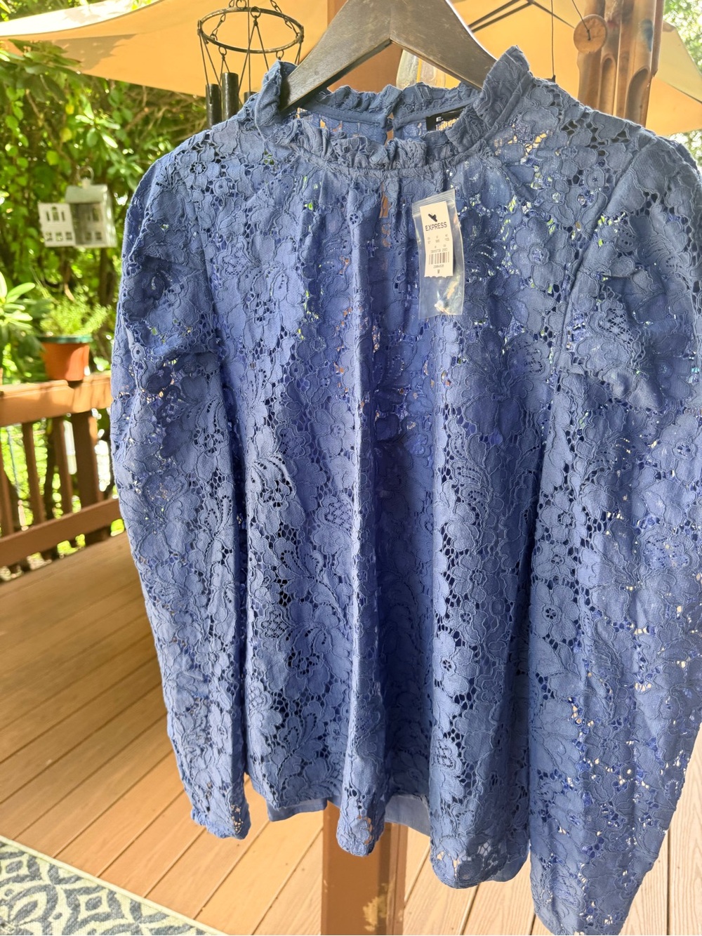 Express Blue Floral Lace Long-Sleeve Blouse